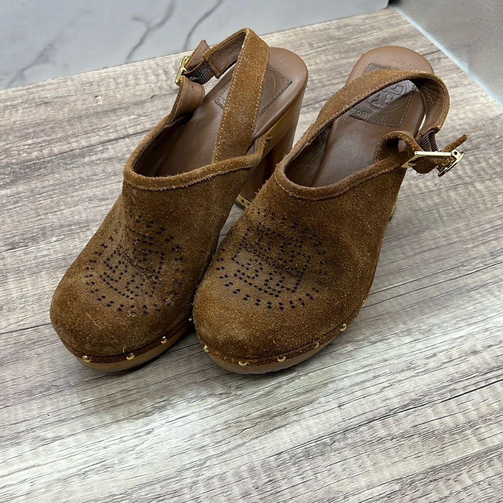 Tori Burch leather clogs/ mules with wooden heel and rubber sole
